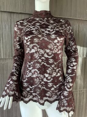 🔥Cami USA Made Sheer Lace Maroon Bell Sleeve Top Mock Neck Goth Dark Coquette